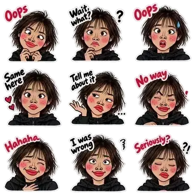 Example pack: nine comic-style stickers of the same face, animated