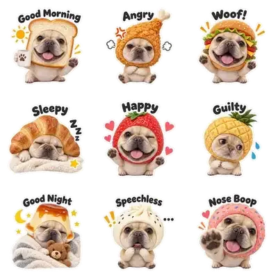 Example pack: nine stickers of a pug wearing food hoods